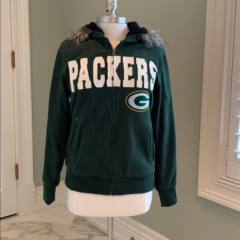 NFL Green Bay Packers Dark Green Hooded Sweatshirt with Fur Trim